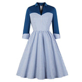 Two Tone 3/4 Length Sleeve V Neck Blue Plaid Vintage Autumn Button Front Pleated Sweetheart Elegant Dress