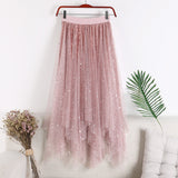 Women Mesh Gold Velvet Lining Irregular A-line Star Sequins Long Maxi Skirt