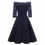 1950s Vintage Navy Blue Lace Sleeve Off Shoulder Women Elegant Evening Party Dress