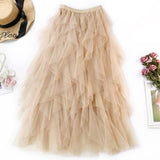 Vintage Boho Tulle Summer Long Maxi Pleated Skirt Elastic High Waist Ruffle A-line Skirt