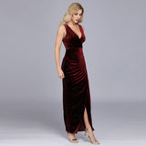 Evening Dress Burgundy V-neck Velour Prom Sleeveless Sexy high Split Formal Party Dress Contracted Long Dress