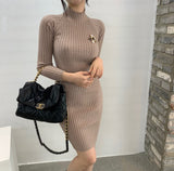 Long Sleeve High Neck Midi Knitted Dress Open Back Twist Sexy Ribbed Bodycon Dress