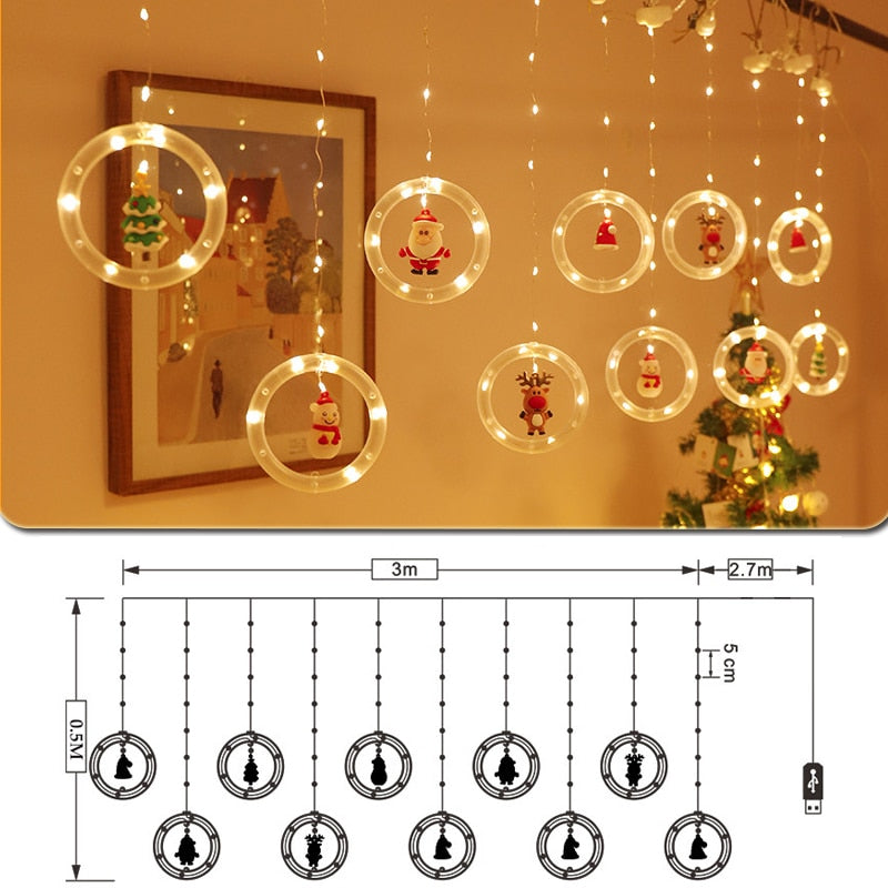 Christmas Decoration Lights String Santa Claus Cartoon Shape Curtain New Year 2022 Decor LED Light Room Halloween Living Room