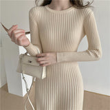 Crew Neck Long Sleeve Elegant Ribbed Knitted Dress Chic Sexy Bodycon Dress