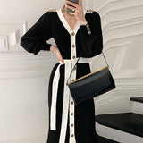 Autumn Winter Elegant Office Single Breasted Cardigan Sweater Dress With Belt Sexy Knitted Bodycon Midi Dress Women