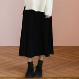 Women Black High Waist Pleated Skirts Korean Simple Style All-match Ladies A-line Long Skirt