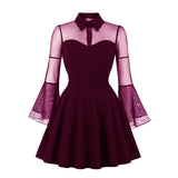 Fuchsia Elegant Party High Waist A Line Vintage Spring Turn-Down Collar Mesh Flare Sleeve Plus Size Dress