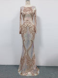 O-neck Long-Sleeve Shinning Sequins Evening Dress Sexy Backless Mermaid Gowns Maxi Dress