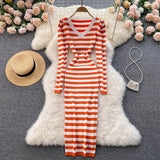 Striped Sweater Dress Winter V Neck Long Sleeve Chic Elegant Vintage Midi Knitted Bodycon Dress