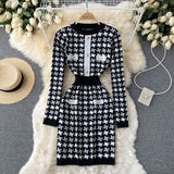 Vintage Houndstooth Knitted Dress Autumn Winter Crew Neck Long Sleeve Mini Bodycon Dress