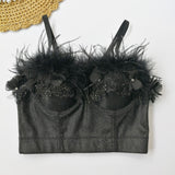 Winter Sexy Beaded Feather Camis Cropped Nightclub Party Show Corset Crop Top With Built In Bra Push Up Bustier