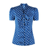 2021 Tie Neck Button Up Blue Elegant Silky Shirt Office OL Slim Fit Women 50s Pinup Vintage Polka Dot Top Femme Blouses Summer