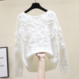 Autumn Long Sleeve O-Neck Beaded Floral Casual Loose Mohair Knit Sweater Pullover