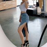 Hip Hop Asymmetrical Skirt High Waist Split Side Design Wrap Long Punk Casual Ligh Blue Denim Solid Color Jean Women's Skater