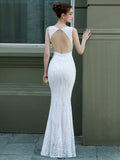Sexy Backless White Sequin Evening Dress Party Bodycon Maxi Dress
