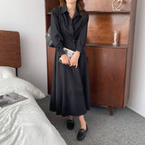 Turn-Down Collar Office Wrap Shirt Dress Autumn Long Sleeve Button Up Vintage Elegant Midi Dress