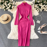 Woman Casual Solid Turtleneck Sweater Dress Bodycon Long Sleeve Midi Elegant Autumn Winter Dress