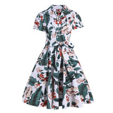 Turn Down Collar Button Up Botanical Print Vintage Summer Women Cotton A-Line Belted Retro Dress