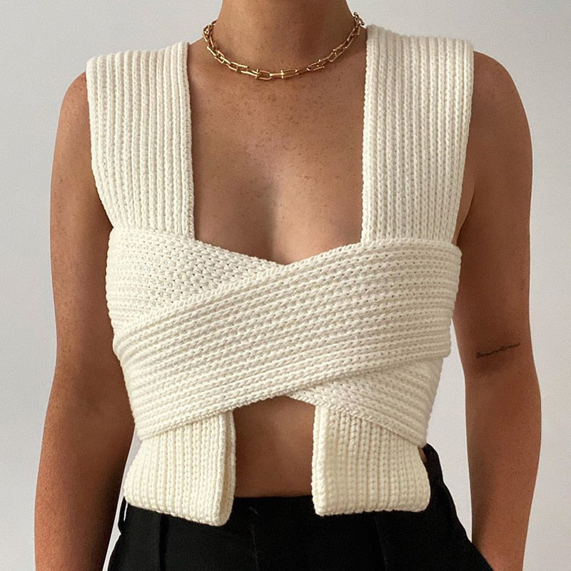 Knit Vest Cross Sexy DIY Style Solid Wrap Crop Tops