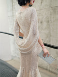 V-neck Champange Evening Dress Mermaid Elegant Party Prom Gowns Cape Sequins Formal Half-sleeve Dress