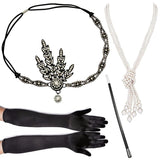 4pcs/set 1920s Flapper Accessories Set Rhinestone Headpiece Pearl Knot Necklace Bracelet with Cigarette Holder