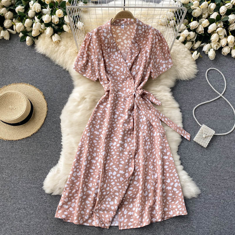 Notch Lapel Belted Midi Dress Vintage Print Short Sleeve Buttoned Casual Summer Dress