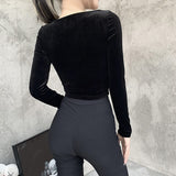 2021 Vintage Lace Black T Shirt Goth Aesthetic Long Sleeve Velvet T-shirt Women Harajuku Sexy Slim Bandage Long Sleeve Tops