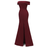 Sexy Burgundy Evening Party Off Shoulder Slim Slit Maxi Runway Sheath Long Bodycon Formal Dresses