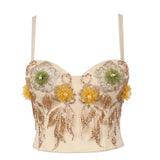 Sexy Female Corset With Cup Beaded Flowers Nightclub Party Cami In Bra Cropped Crop Top Push Up Breast