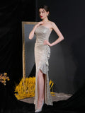 Women Elegant One Shoulder Ruffles Evening Dress Sexy Hight Slit Gold Sequin Party Maxi Dress  Vestidos