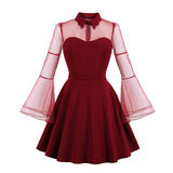 Fuchsia Elegant Party High Waist A Line Vintage Spring Turn-Down Collar Mesh Flare Sleeve Plus Size Dress