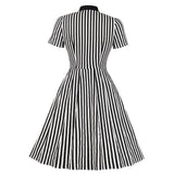 Black Striped Short Sleeve Cotton Bow Tie Button Up Robe Pin Up Swing Retro Vintage Dress