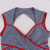 Houndstooth Print Vintage Cotton Summer Criss Cross High Waist Backless Elegant Ladies Dress