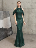 O-neck Mermaid Evening Dress Off-the-shoulder Elegant Prom Gown Flounces Sequins Long Formal Dress