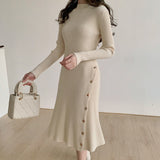Mock Neck Long Sleeve Button Casual Knitted Knee Length Midi Dress Ribbed A Line Dress