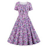 2021 Bohemian Beach Floral Women Casual Party Dress With Bow Short Sleeve 50s 60s Big Swing Rocakbilly Pin Up Vintage Sundress