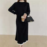 Long Sleeve Black Casual Knitted Dress Winter Contrast Color Frill Trim Elegant Loose Midi Dress