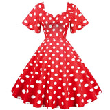 Womens Hepburn Tunic Midi Dress 50s Short Sleeve V-Neck Ladies Polka Dot Robe Femme Vestidos Boho Beach Holiday Swing Dresses