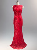 Formal Mermaid O Neck Sleeveless Long Party Gowns Elegant Red Gold Black New Sequins Dress