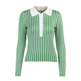Green French Retro Y2K Knit Top Button Up Houndstooth Pullovers Jumper Winter Clothes Women Long Sleeve Vintage Sweater