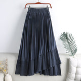 Mid Calf Asymmetrical Skirt Women Elastic High Waist A Line Casual Pleated Skirt