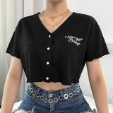 2021 Embroidery Letter Black Woman Tshirts Top Summer V-neck Short Sleeve Crop Top T Shirt Harajuku Casual Loose Tee Shirt