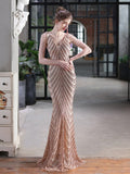 Crystal Beads Sleeve Formal Women Dress V Neck Sequins Mermaid Party Gowns Floor Length Elegant Robe De Soriee