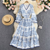 Party V Neck Flare Sleeve Lace Trim Boho Blue And White Floral Vintage Midi Dress