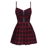 Harajuku Pleated Punk Gothic Mini Dress French Red Black Spaghetti Strap Sleeveless Mini Short Plaid Dresses Goth Streetwear