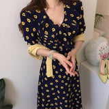 Chic Summer Women Lace Up Floral Dress V-Neck Slim Elegant Midi Runway Puff Sleeve Vestido