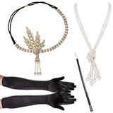 4pcs/set 1920s Flapper Accessories Set Rhinestone Headpiece Pearl Knot Necklace Bracelet with Cigarette Holder