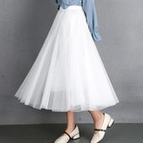 Women Long Elegant High Waist A Line Pleated Skirt Korean Style Vintage Streetwear Ladies Tulle Midi Skirt