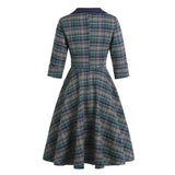 Notched Collar Buttons Retro 50s Style Midi Elegant Plaid 3/4 Length Sleeve Winter Vintage Dress