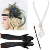 4 Pcs/Set 1920s Great Gatsby Party Costume Accessories Set Flapper Feather Headband Pearl Necklace Gloves Cigarette Holder